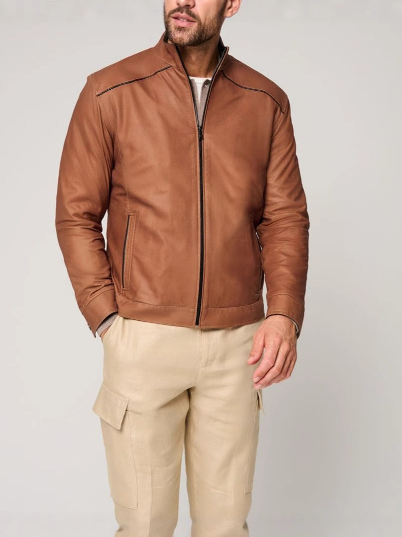 Cross-border men's contrast color lightweight leather jacket