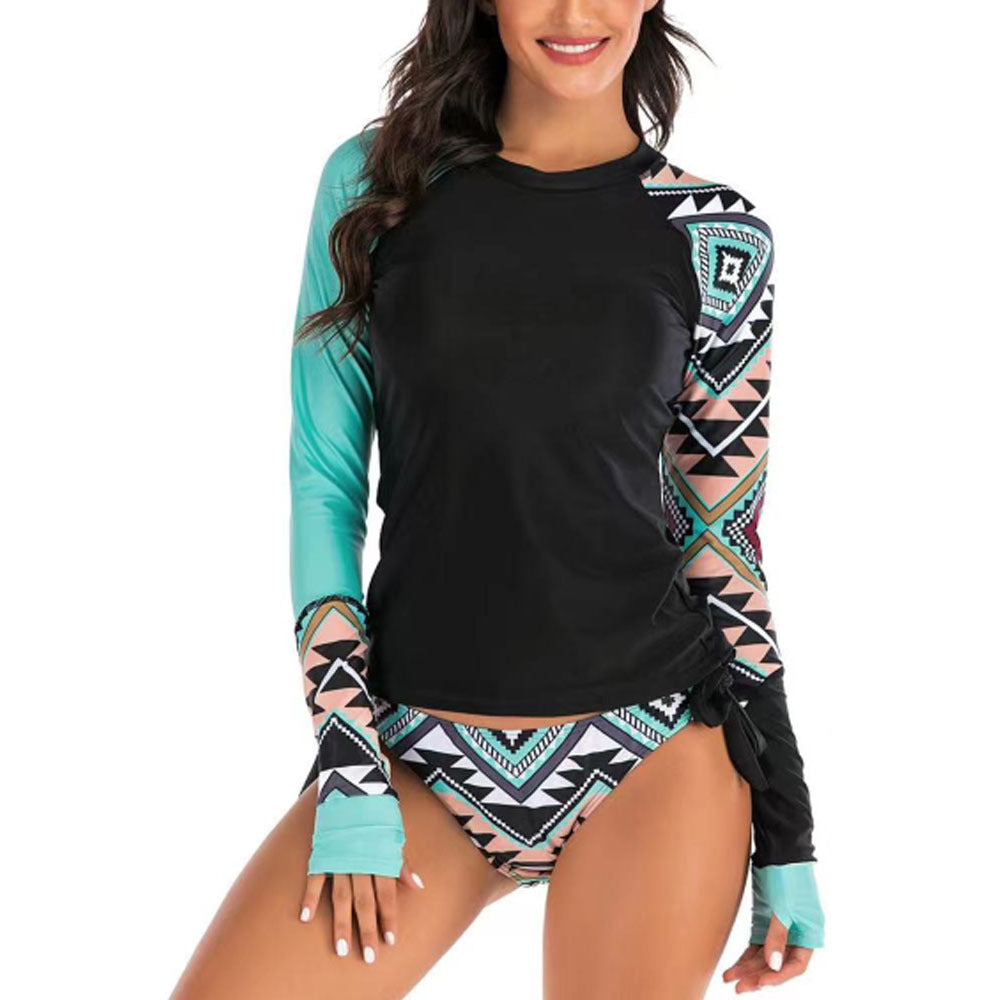Women Two Piece Long Sleeve Printed Pattern Round Neck Slim Fit Sunscreen Beach Swimwear Set