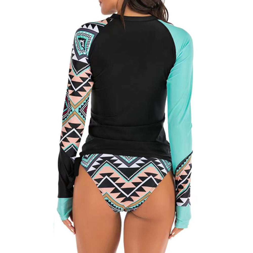 Women Two Piece Long Sleeve Printed Pattern Round Neck Slim Fit Sunscreen Beach Swimwear Set