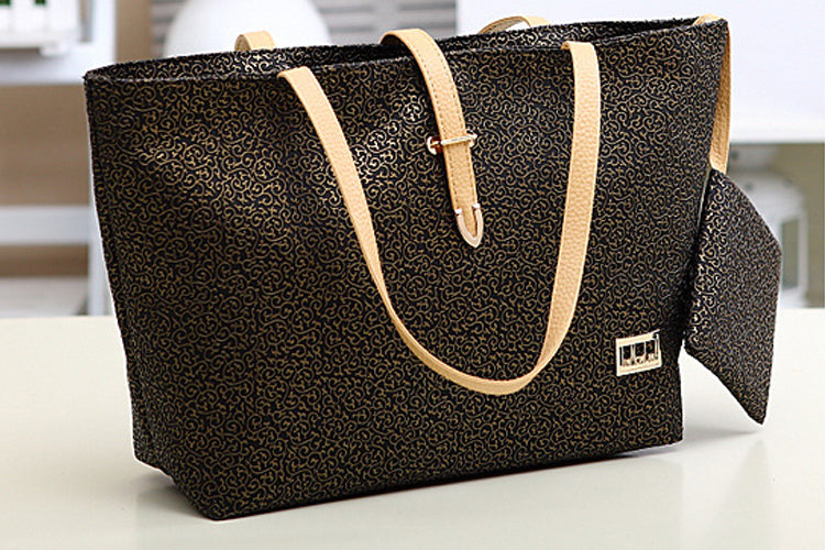 Women’s Premium Look Embossed Golden Design Black Handbags Shoulder Bag With Small Purse
