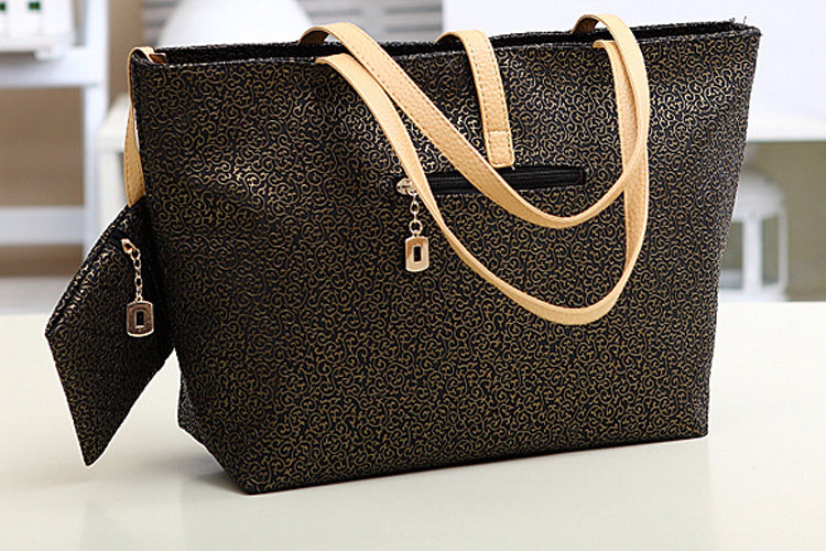 Women’s Premium Look Embossed Golden Design Black Handbags Shoulder Bag With Small Purse