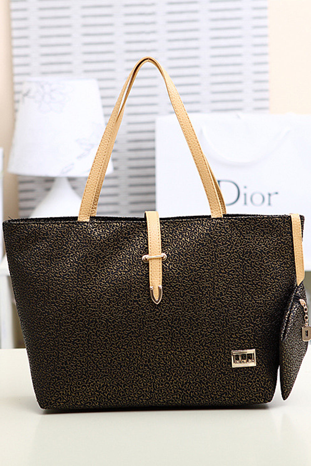 Women’s Premium Look Embossed Golden Design Black Handbags Shoulder Bag With Small Purse