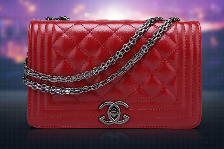 Quilted Diagonal Pattern Red Handbag Shoulder Bag With Metal Accessories Chain Buckle
