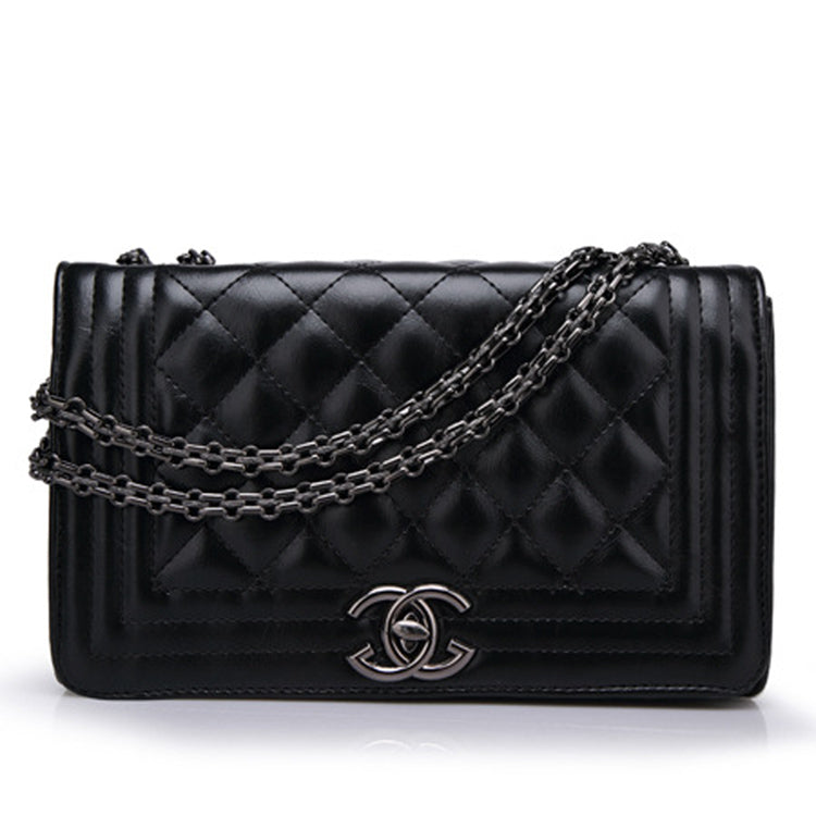 Quilted Diagonal Pattern Black Handbag