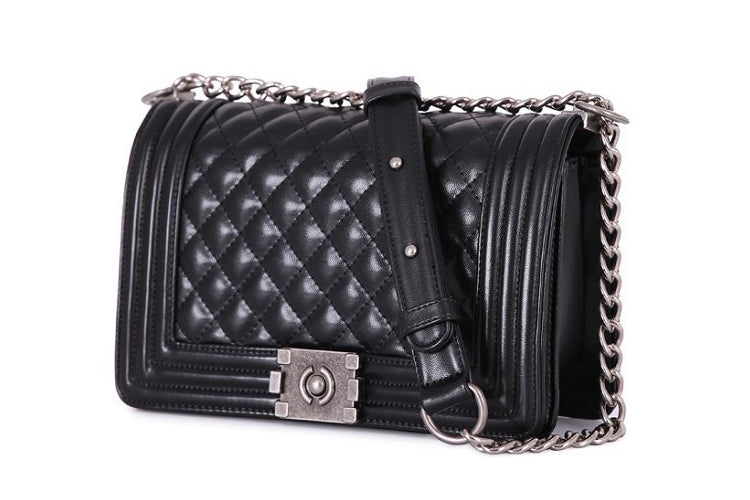 Stylish Look Quilted Diamond Pattern Black Shoulder Bag With Metal Chain