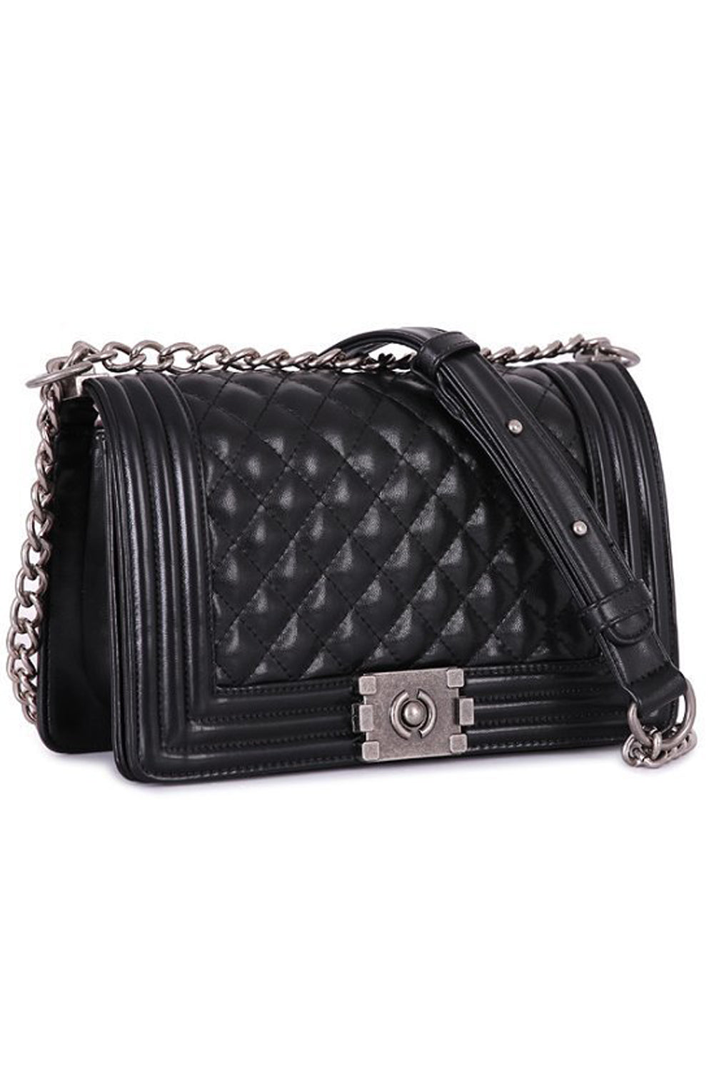 Stylish Look Quilted Diamond Pattern Black Shoulder Bag With Metal Chain
