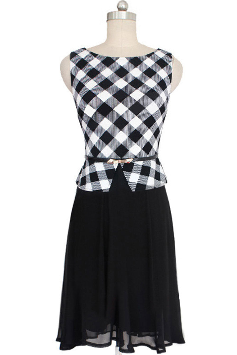 Kettymore Women Sleeveless Plaid Pattern Skirt Halter Chiffon Dress Black White