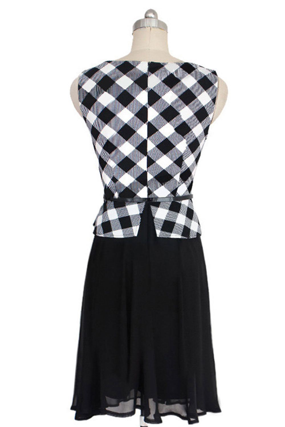 Kettymore Women Sleeveless Plaid Pattern Skirt Halter Chiffon Dress Black White
