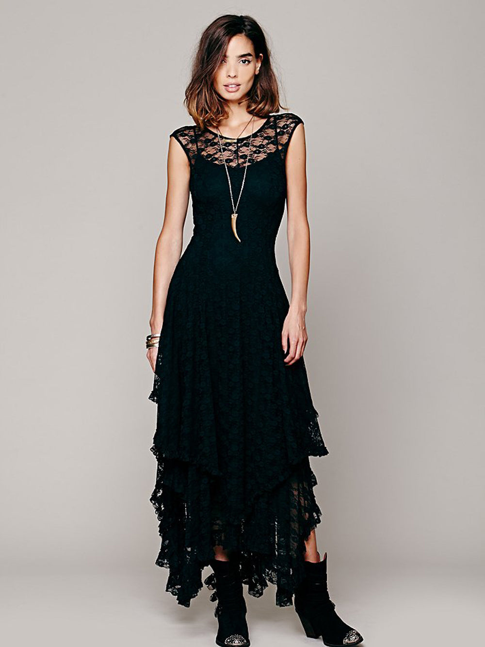 Yazona Women Plus Size French Courtship Slip Dress Round Neck Black