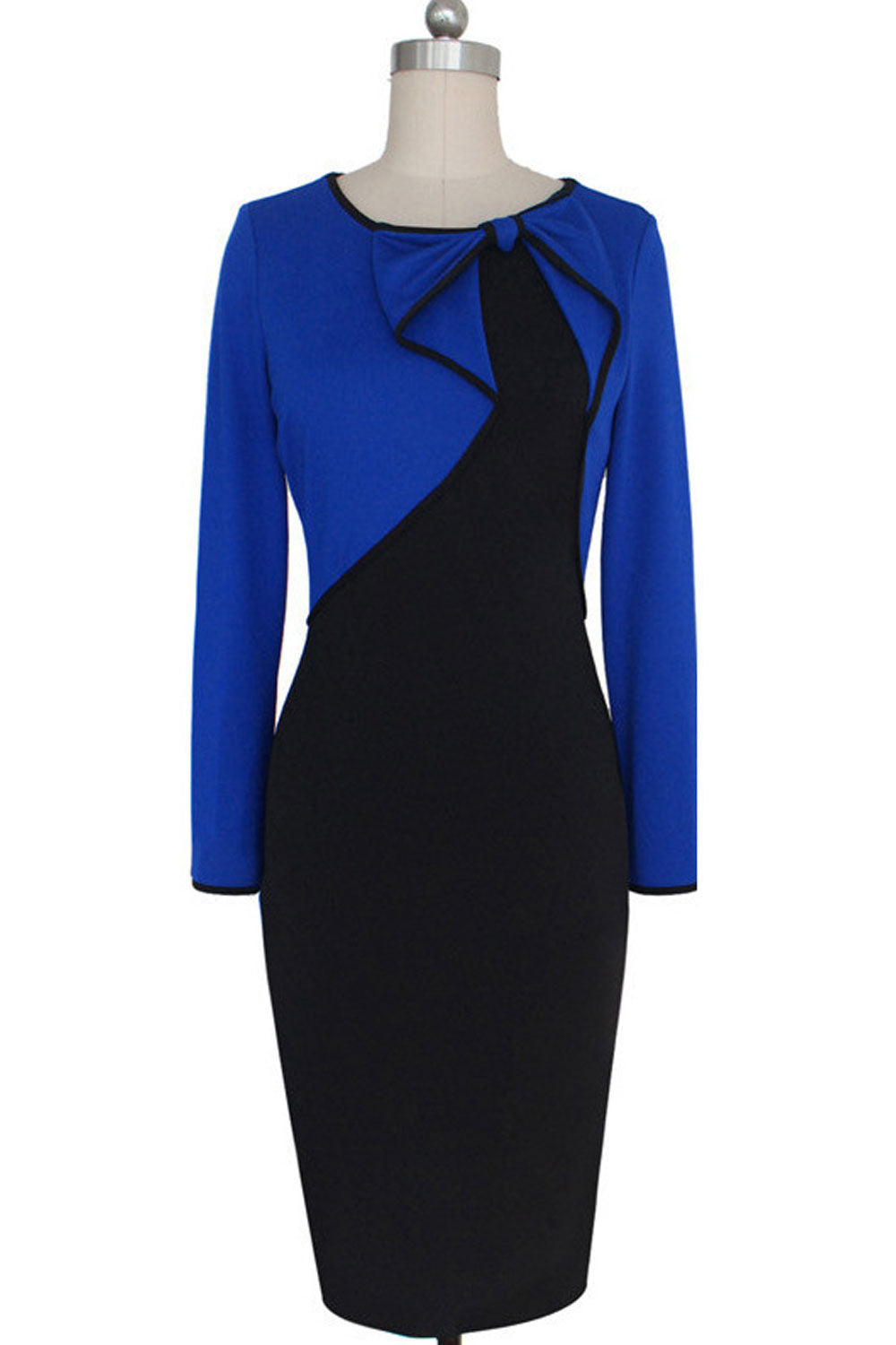 Unomatch Women Slim Bodycon Long Sleeves Dress Decorated with Bow Black Blue