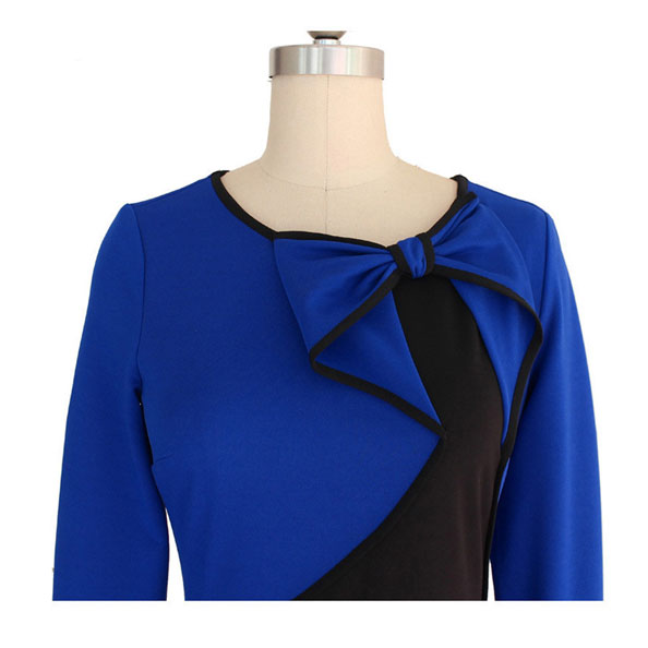 Kettymore Women Slim Bodycon Long Sleeves Dress Decorated with Bow Black Blue