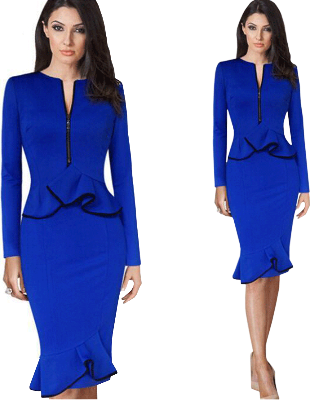 Women Lotus Leaf Hem Fit Skirt Peplum Dress Blue