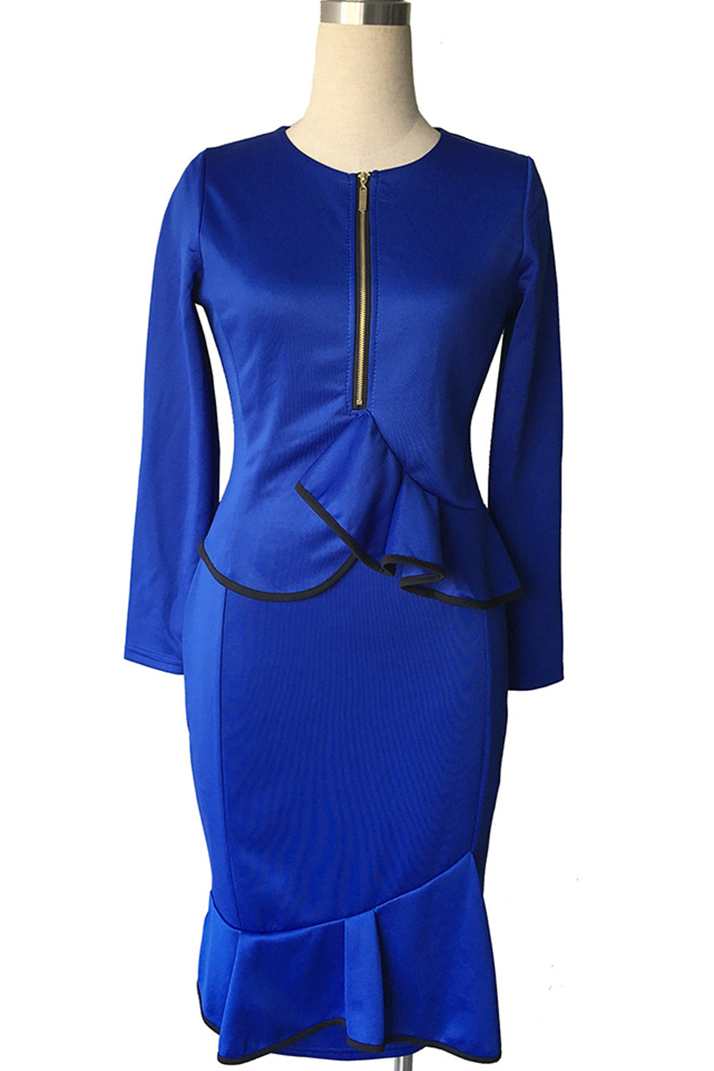 Women Lotus Leaf Hem Fit Skirt Peplum Dress Blue
