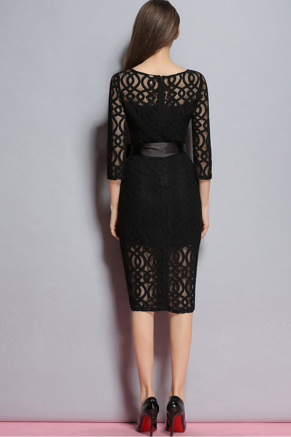Women Long Sleeves Waist Fastening Special Occasion Dress Black