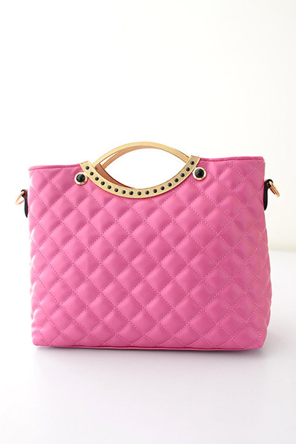 Women's Quilted Diagonal Pattern Handbag Shoulder Bag With Metal Hanging Frame Pink