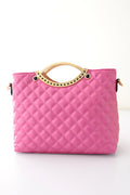 Women's Quilted Diagonal Pattern Handbag Shoulder Bag With Metal Hanging Frame Pink