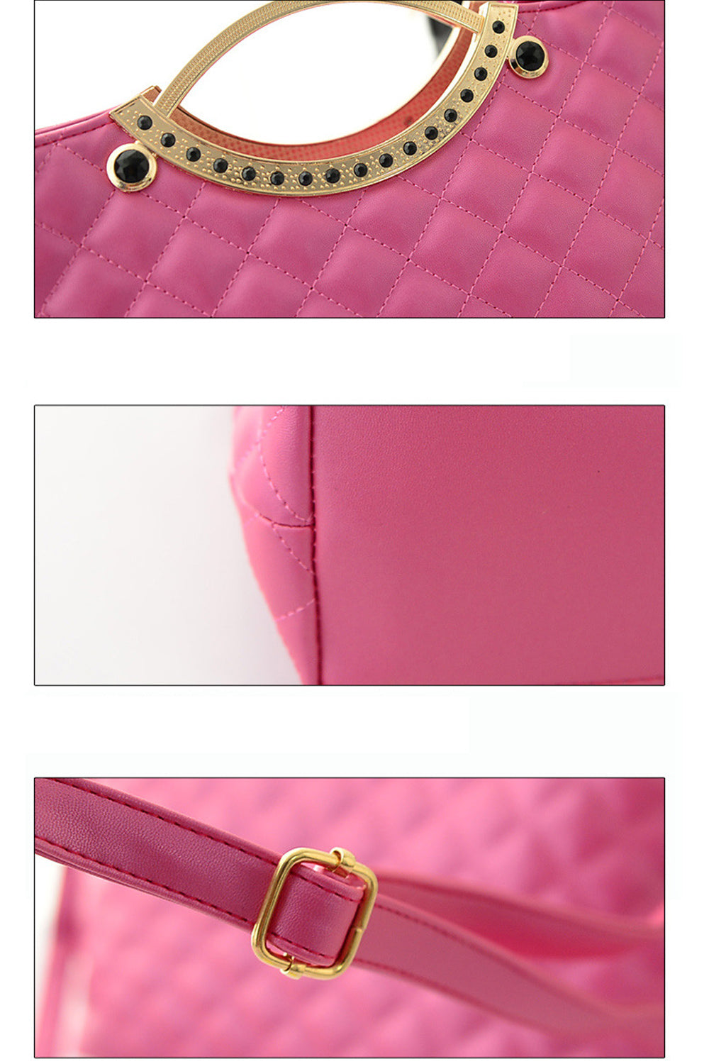 Women's Quilted Diagonal Pattern Handbag Shoulder Bag With Metal Hanging Frame Pink