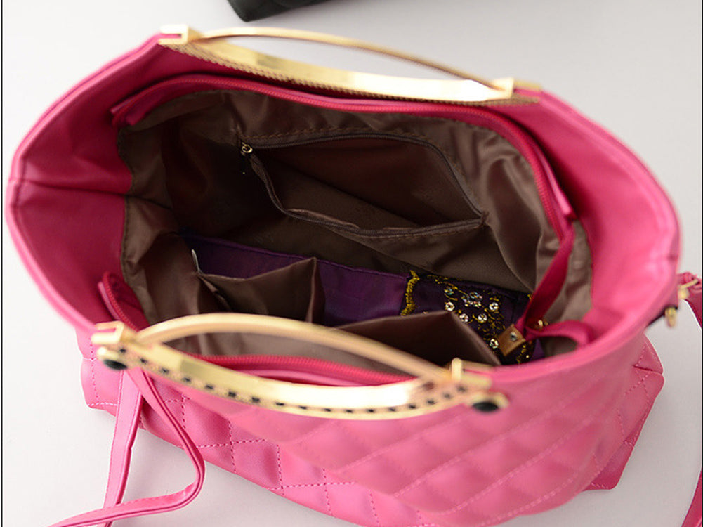 Women's Quilted Diagonal Pattern Handbag Shoulder Bag With Metal Hanging Frame Pink