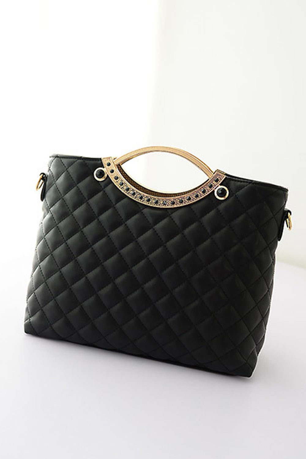 Women's Quilted Diagonal Pattern Handbag Shoulder Bag With Metal Hanging Frame Black