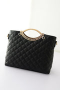 Women's Quilted Diagonal Pattern Handbag Shoulder Bag With Metal Hanging Frame Black