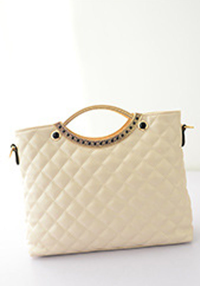Women's Quilted Diagonal Pattern Handbag Shoulder Bag With Metal Hanging Frame Beige