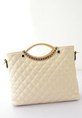 Women's Quilted Diagonal Pattern Handbag Shoulder Bag With Metal Hanging Frame Beige