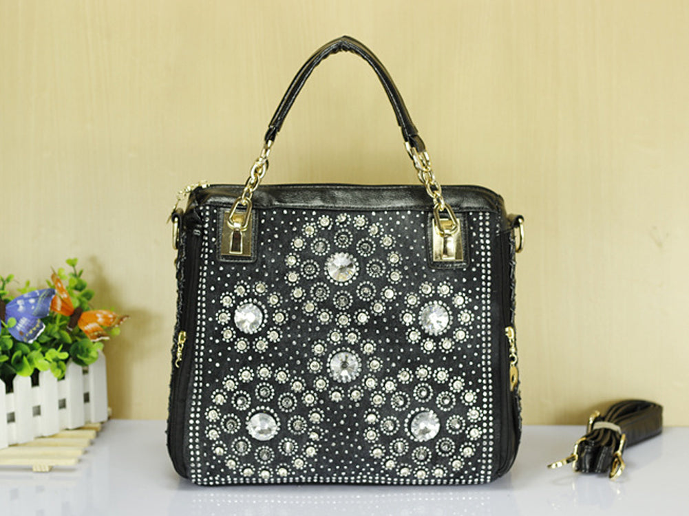 Women's Denim And PU Leather Handbag Shoulderbag Decorated With Diamond Shape StonWomen's Denim Ane Rivets And Accessories Black