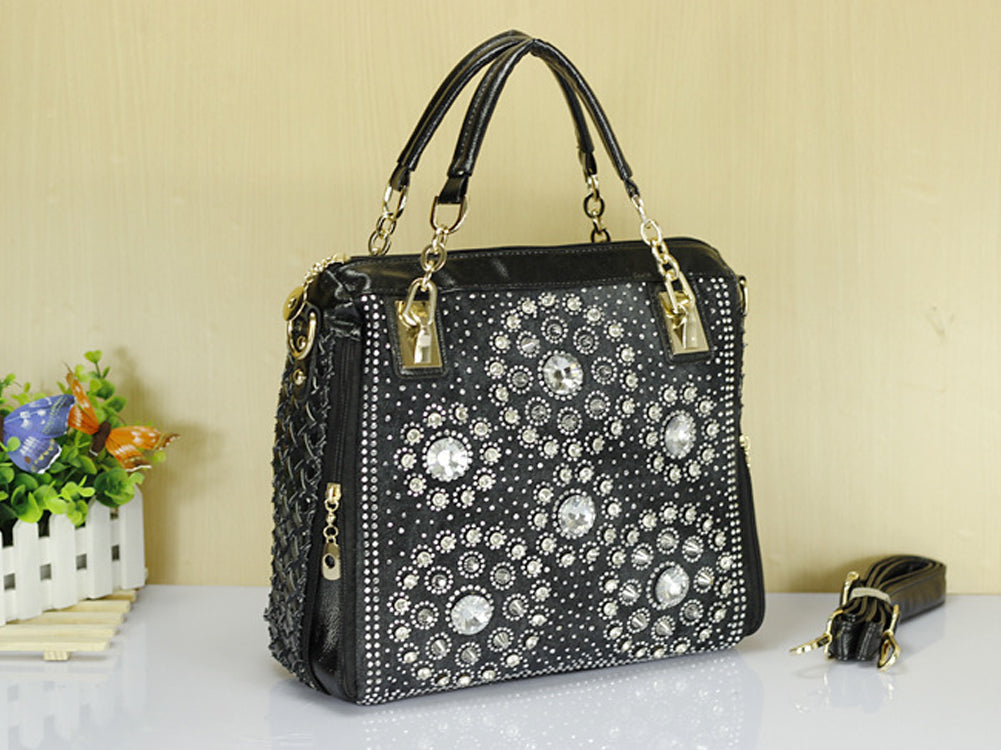 Women's Denim And PU Leather Handbag Shoulderbag Decorated With Diamond Shape StonWomen's Denim Ane Rivets And Accessories Black