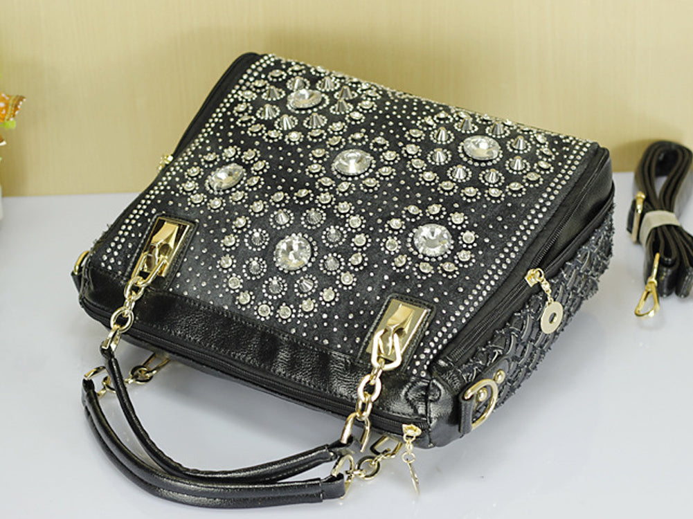 Women's Denim And PU Leather Handbag Shoulderbag Decorated With Diamond Shape StonWomen's Denim Ane Rivets And Accessories Black