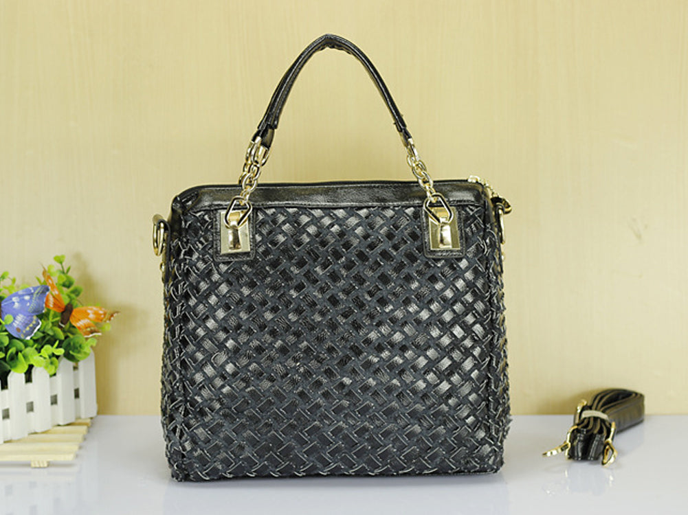 Women's Denim And PU Leather Handbag Shoulderbag Decorated With Diamond Shape StonWomen's Denim Ane Rivets And Accessories Black
