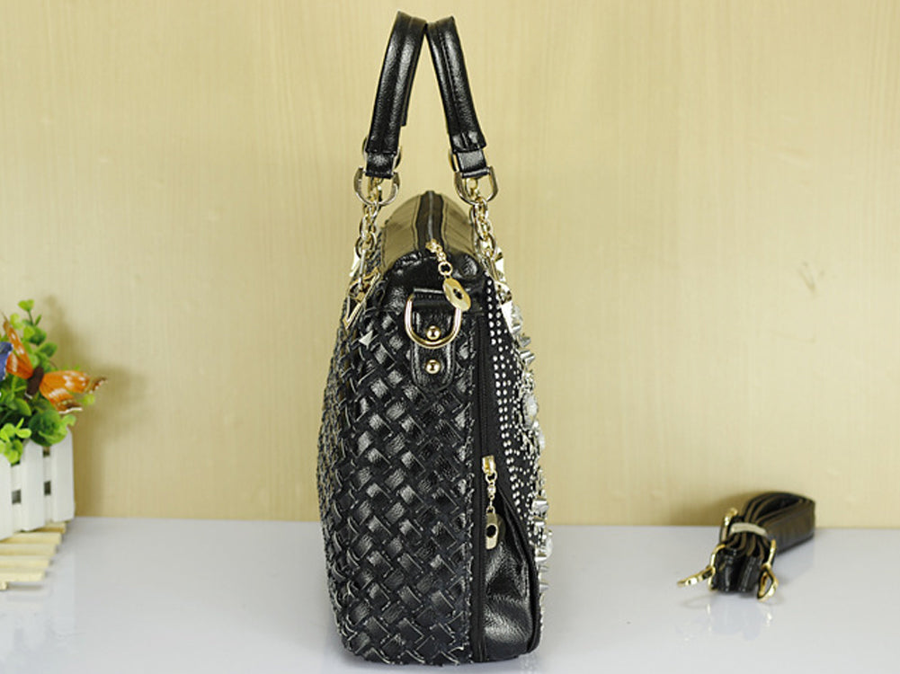 Women's Denim And PU Leather Handbag Shoulderbag Decorated With Diamond Shape StonWomen's Denim Ane Rivets And Accessories Black