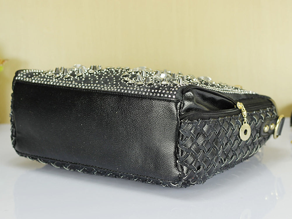 Women's Denim And PU Leather Handbag Shoulderbag Decorated With Diamond Shape StonWomen's Denim Ane Rivets And Accessories Black