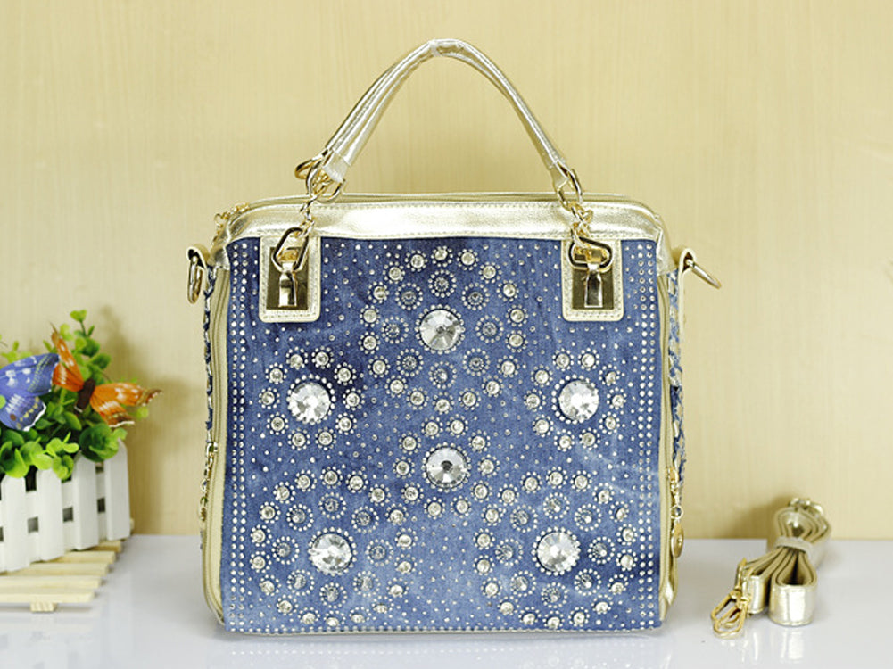 Women's Denim And PU Leather Handbag Shoulderbag Decorated With Diamond Shape Stone Rivets And Accessories Blue