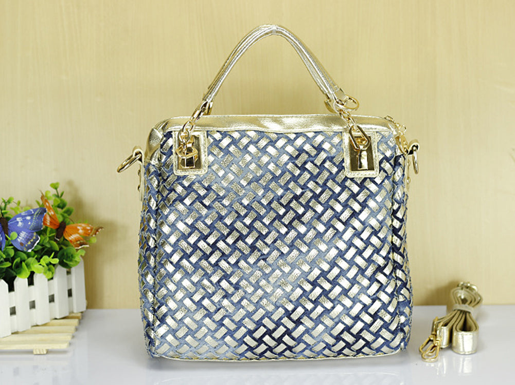 Women's Denim And PU Leather Handbag Shoulderbag Decorated With Diamond Shape Stone Rivets And Accessories Blue