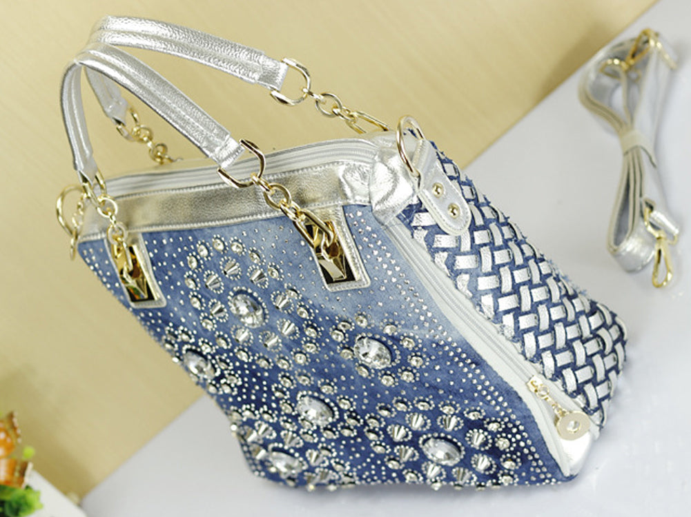 Women's Denim And PU Leather Handbag Shoulderbag Decorated With Diamond Shape Stone Rivets And Accessories Blue