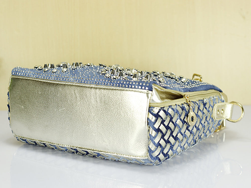 Women's Denim And PU Leather Handbag Shoulderbag Decorated With Diamond Shape Stone Rivets And Accessories Blue