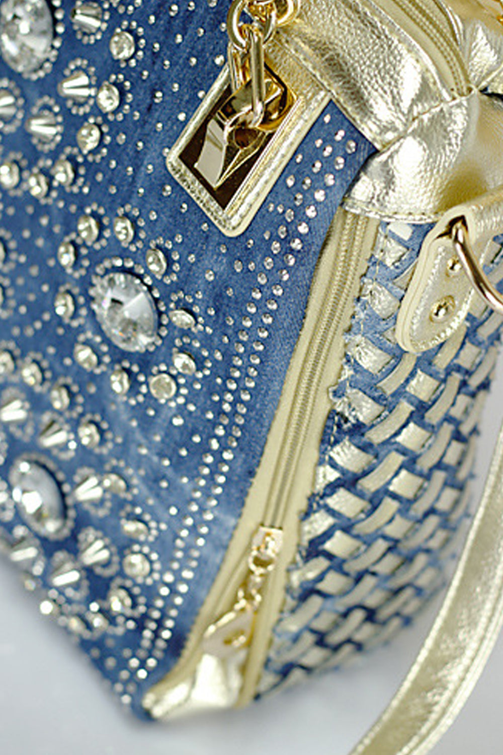 Women's Denim And PU Leather Handbag Shoulderbag Decorated With Diamond Shape Stone Rivets And Accessories Blue