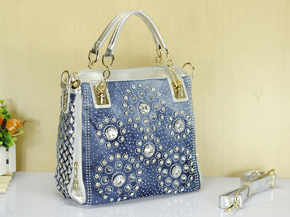 Women's Denim And PU Leather Handbag Shoulderbag Decorated With Diamond Shape Stone Rivets And Accessories Blue