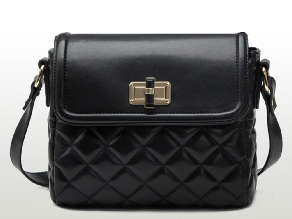 Medium Quilted Black Diagonal Pattern Shoulder Bag Handbag With Metal Buckle