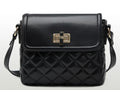Medium Quilted Black Diagonal Pattern Shoulder Bag Handbag With Metal Buckle