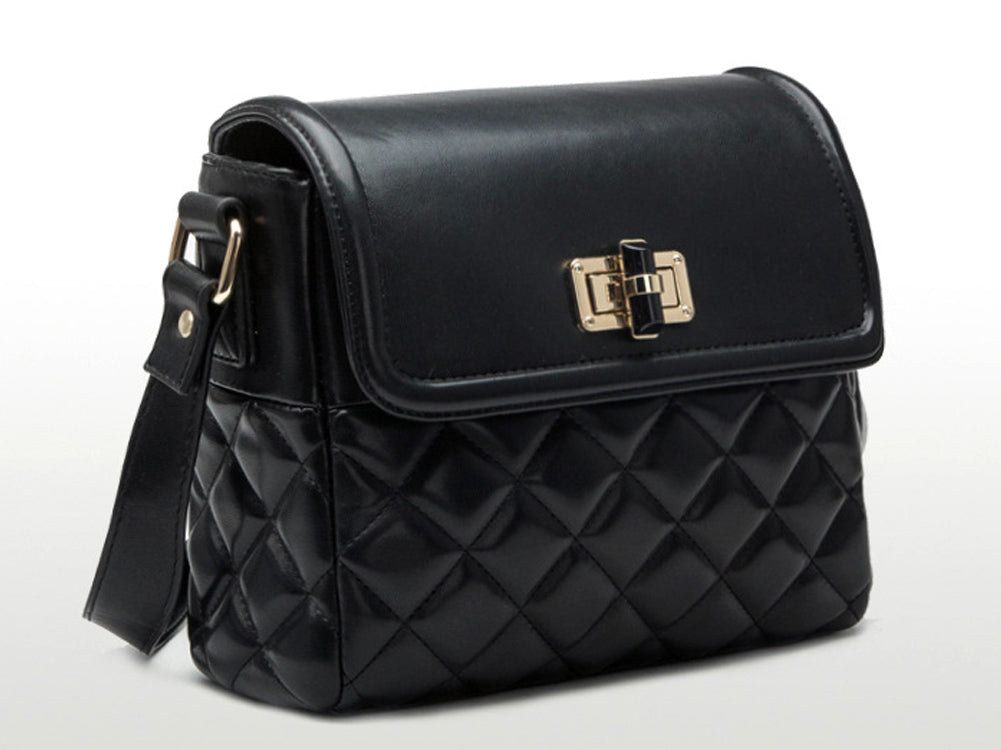 Medium Quilted Black Diagonal Pattern Shoulder Bag Handbag With Metal Buckle