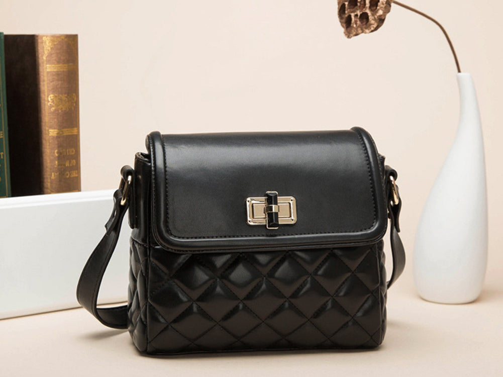 Medium Quilted Black Diagonal Pattern Shoulder Bag Handbag With Metal Buckle