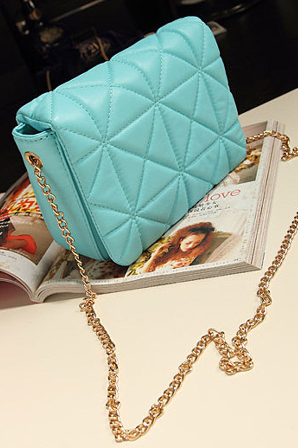 Women's Premium Look Diagonal Pattern Blue Quilted With Golden Metal Chain