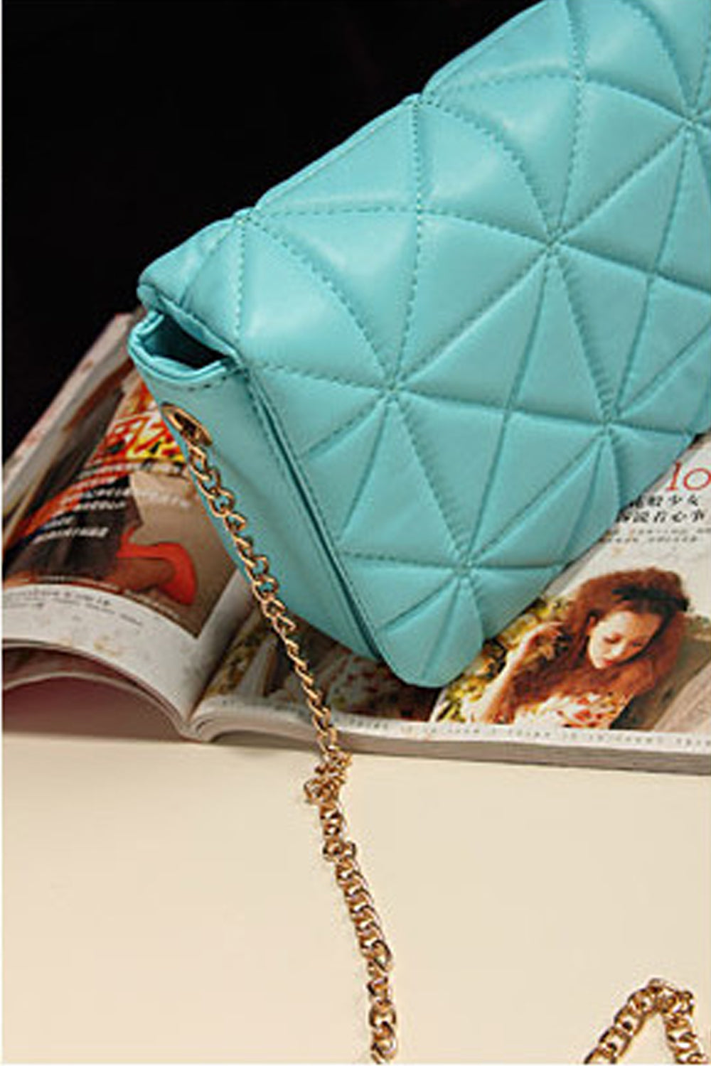 Women's Premium Look Diagonal Pattern Blue Quilted With Golden Metal Chain