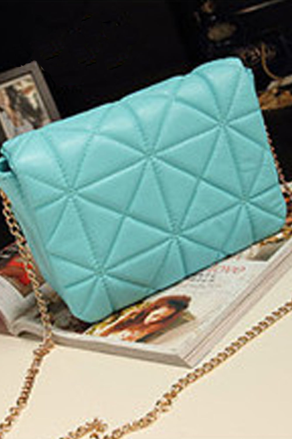 Women's Premium Look Diagonal Pattern Blue Quilted With Golden Metal Chain