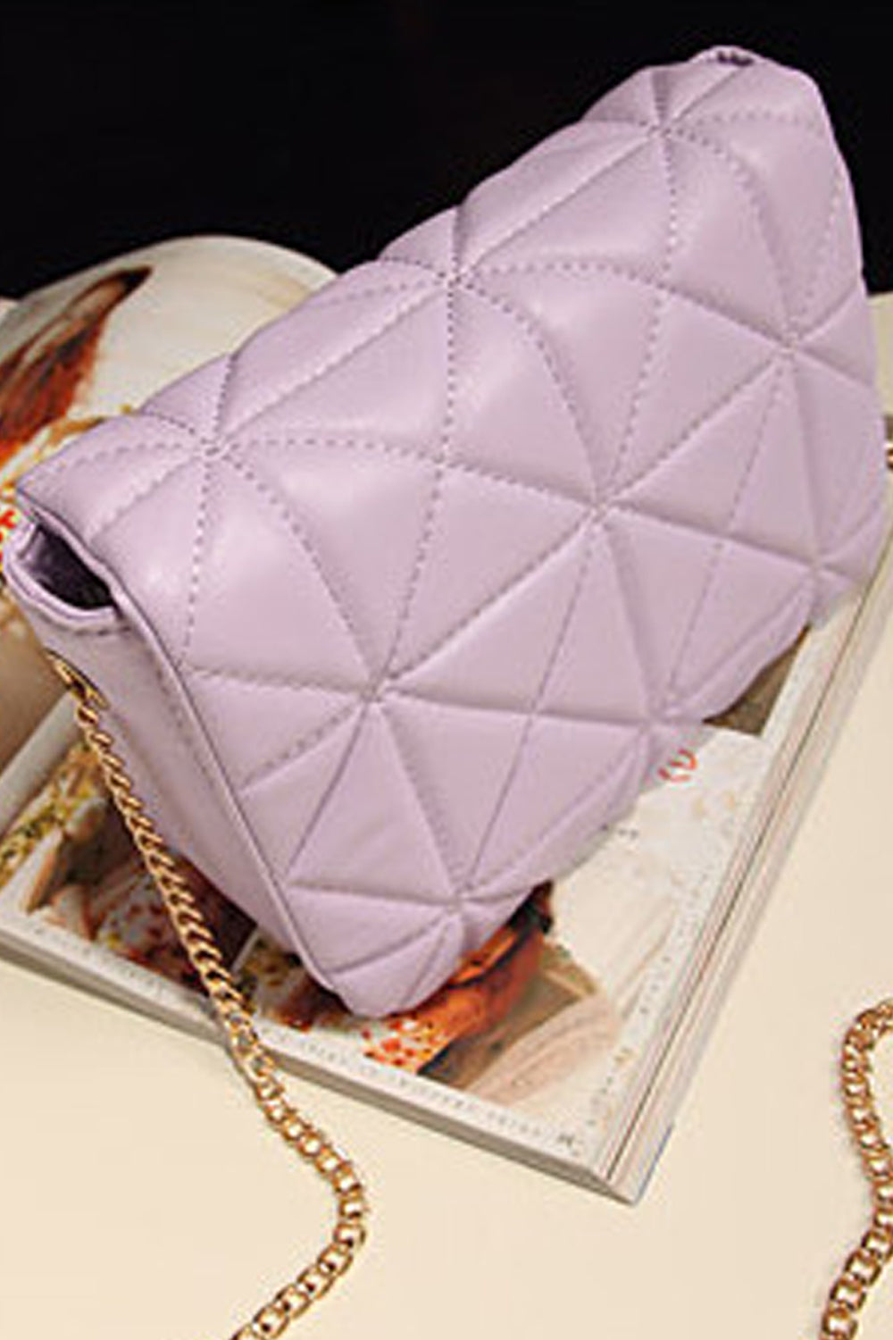 Women's Premium Look Diagonal Pattern Purple Quilted With Golden  New Metal Chain