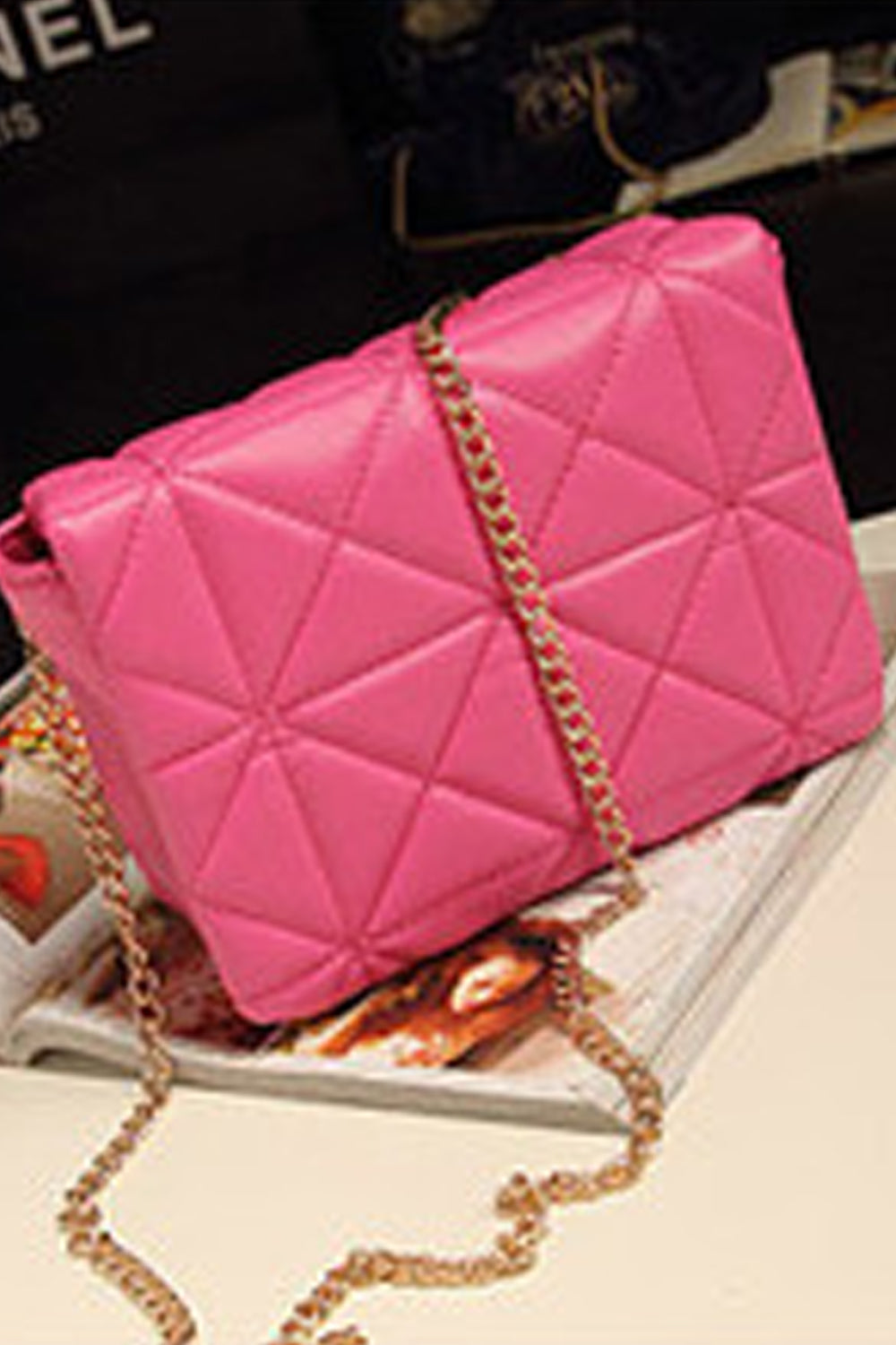 Women's Premium Look Diagonal Pattern Pink Quilted With Golden Metal Chain