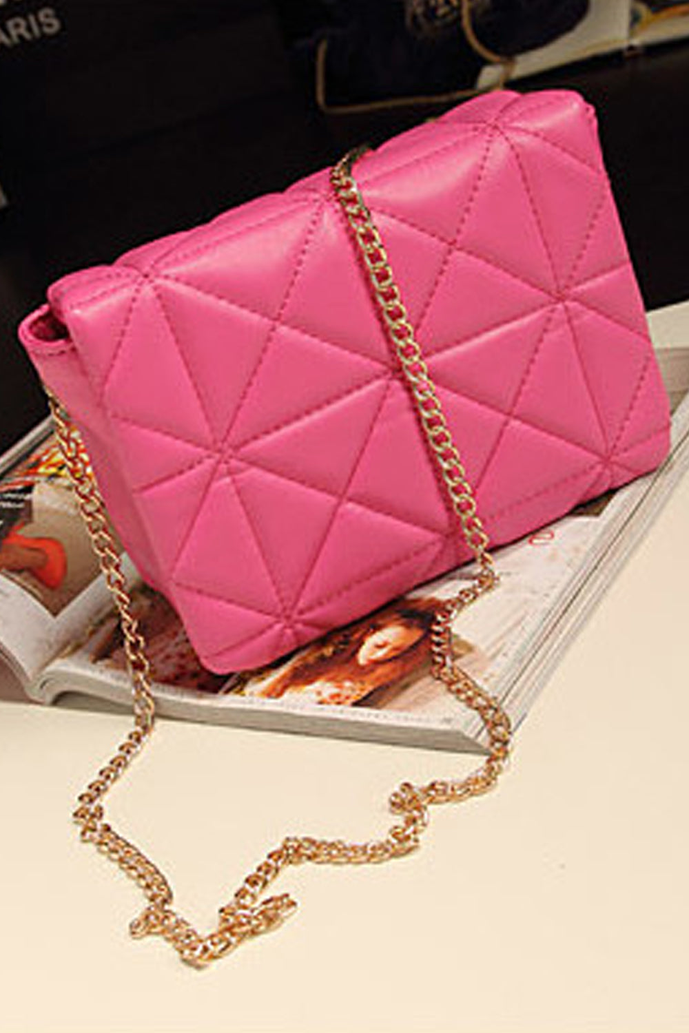 Women's Premium Look Diagonal Pattern Pink Quilted With Golden Metal Chain