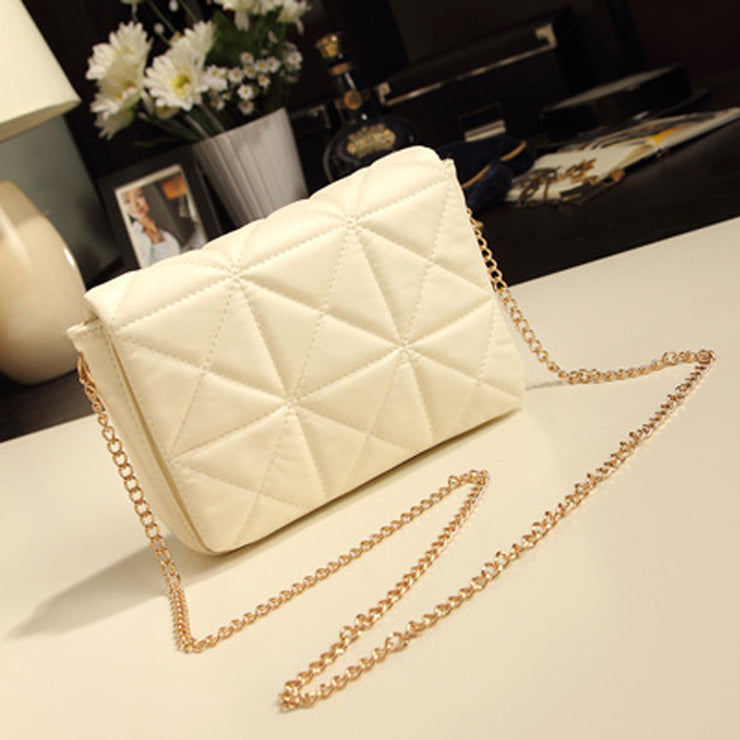 Women's Premium Look Diagonal Pattern White Quilted With Golden Metal Chain