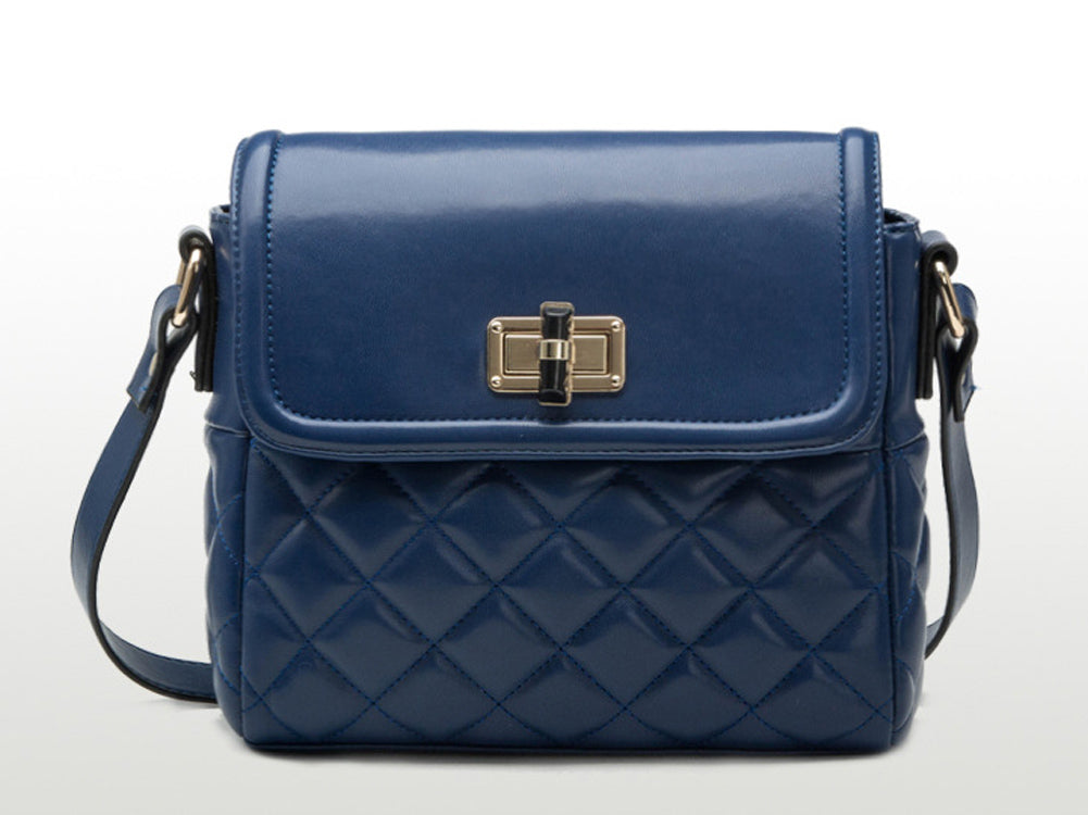 Medium Quilted Blue Diagonal Pattern Shoulder Bag Handbag With Metal Buckle